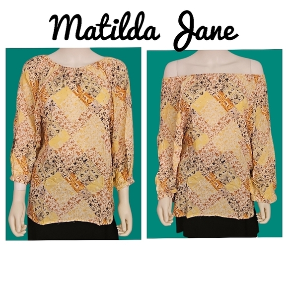 3/$30 Matilda Jane Floral Yellow Patchwork Off Shoulder Peasant Blouse - Picture 1 of 8